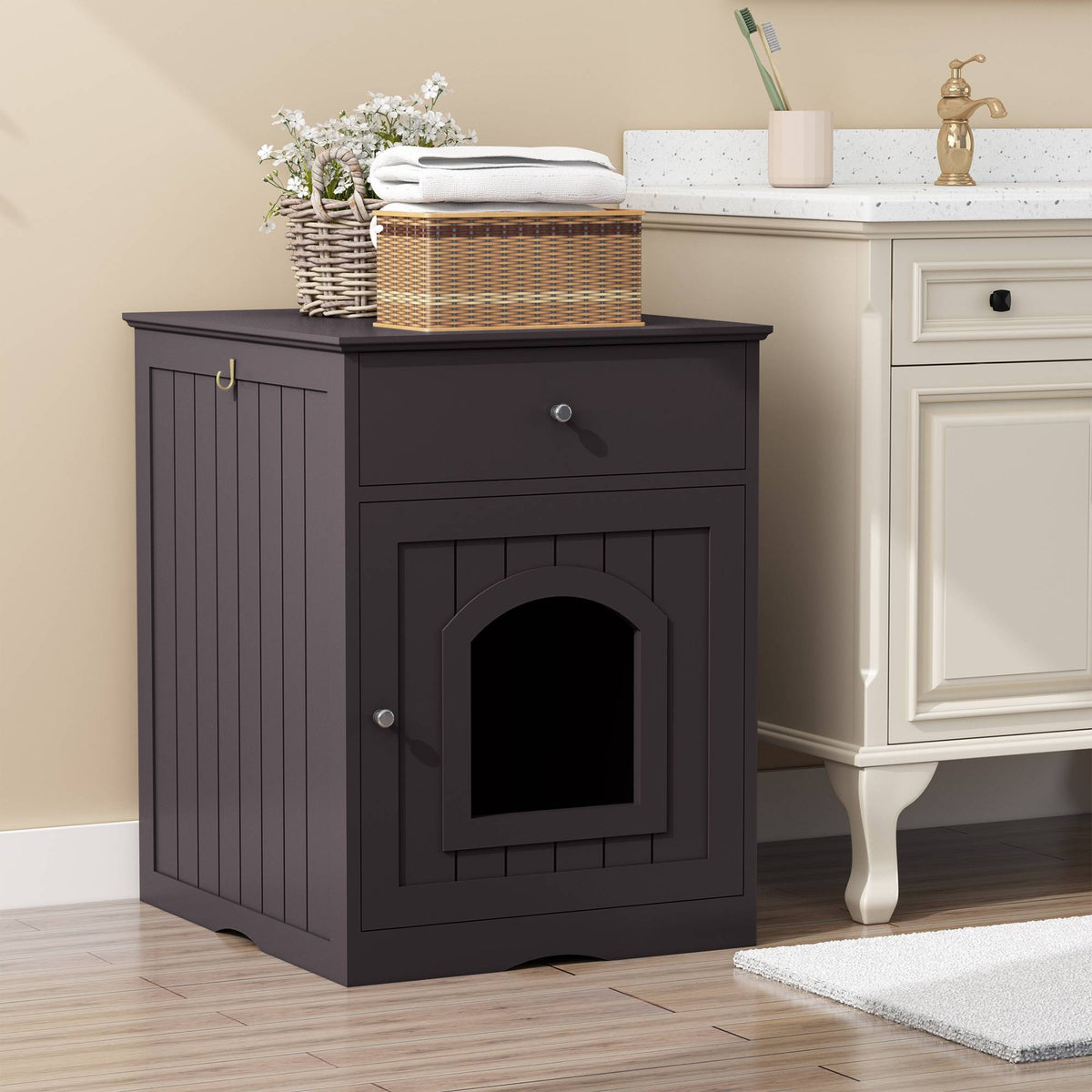 Wooden Pet House Cat Litter Box Enclosure With Drawer Side Table
