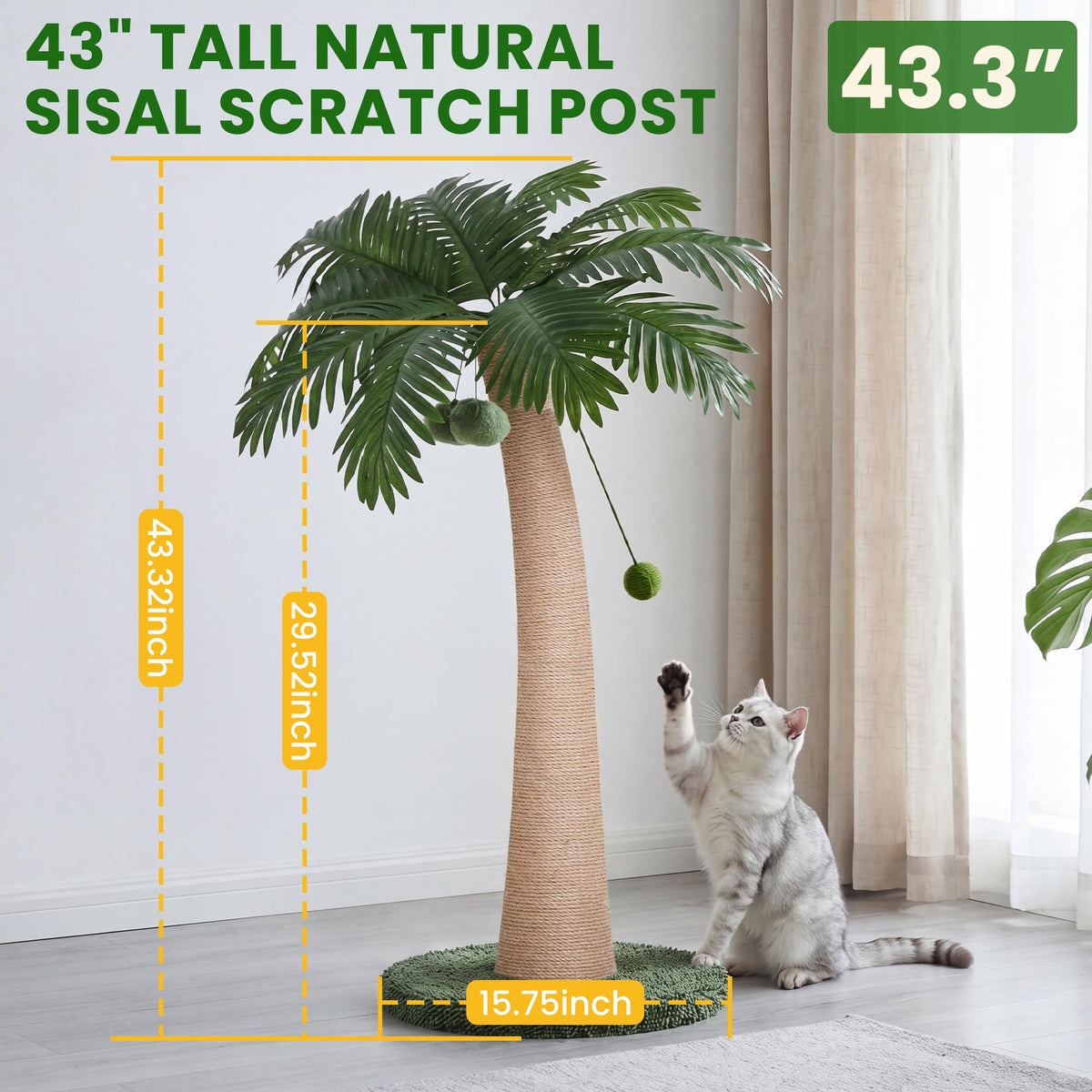 43 Inch Tall Cat Scratching Post For Indoor Large Cats Natural