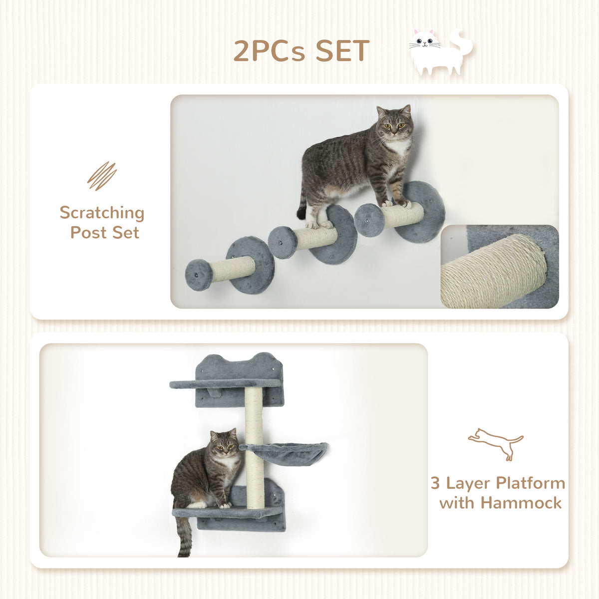 4 Piece Cat Shelf With Scratching Post Wall-mounted Tree For Indoor
