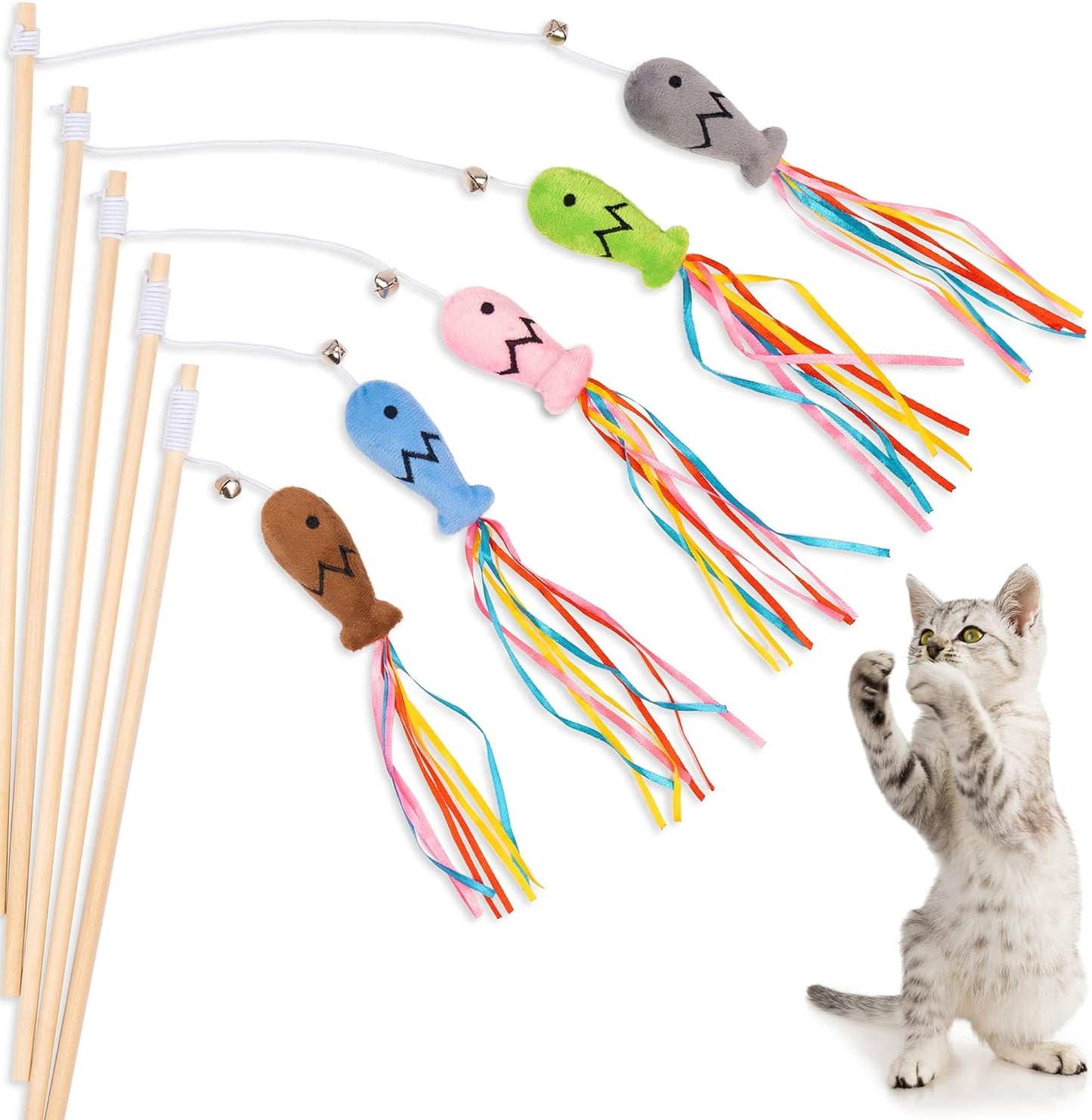 Cat Wand Toys Interactive With Catnip Fish Colorful Ribbons Bell