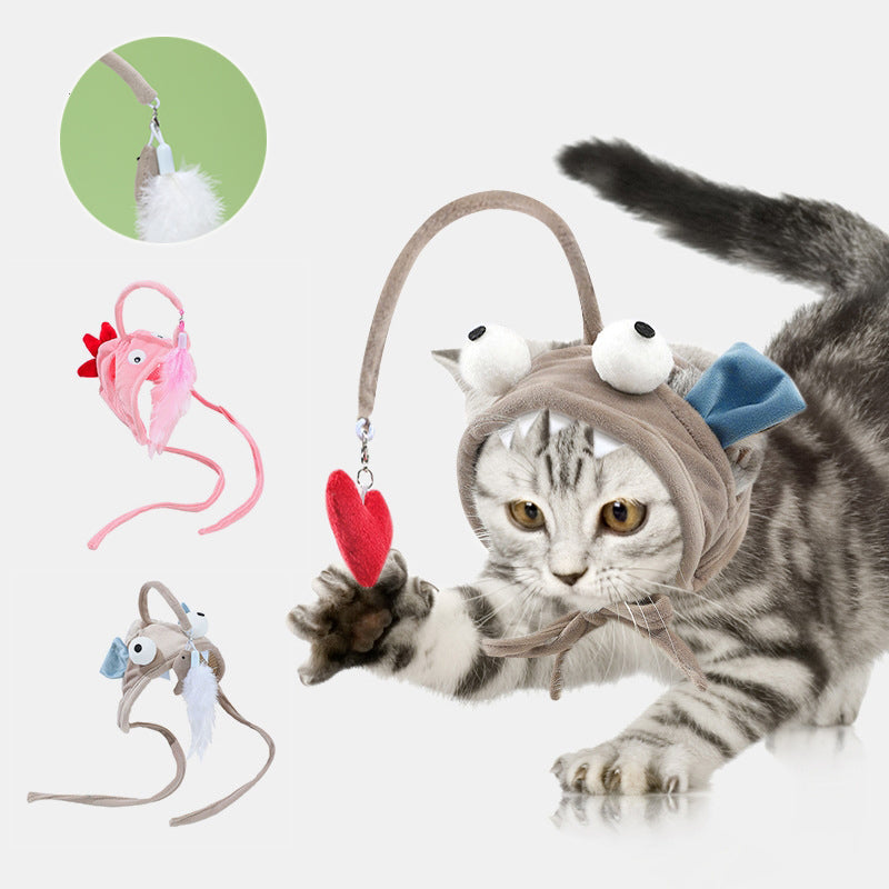 New Head Wearing Feather Funny Cat Stick Toy Gray Big Eye Pet Toys