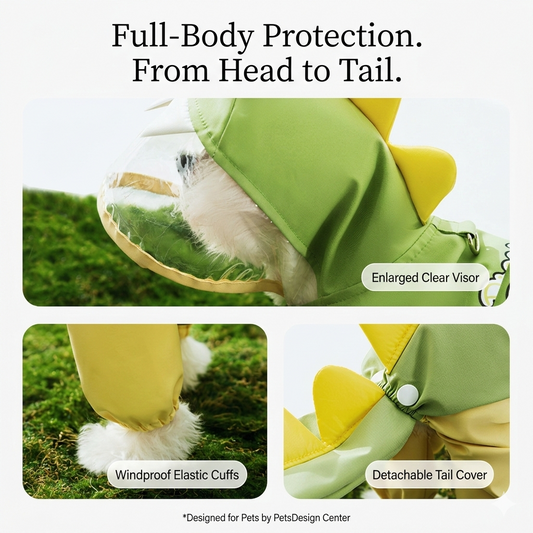 Dog Raincoat Waterproof 4-legged Dinosaur Design With Tail Cover