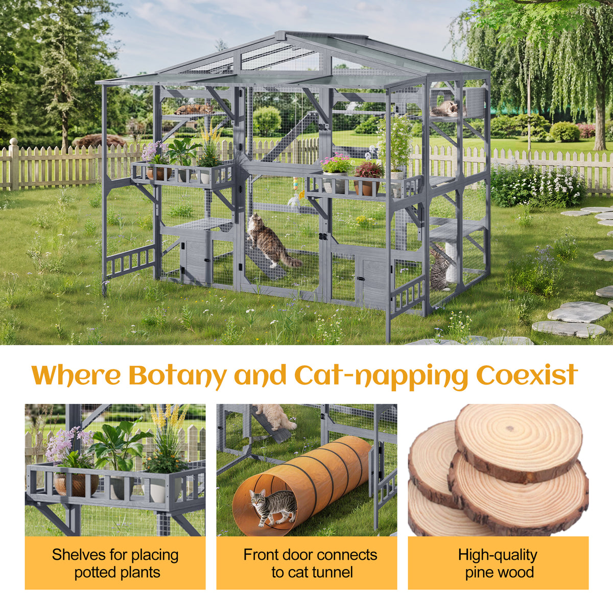 Large Outdoor Catio For 6-10 Cats Pine Wood Cat Cage With