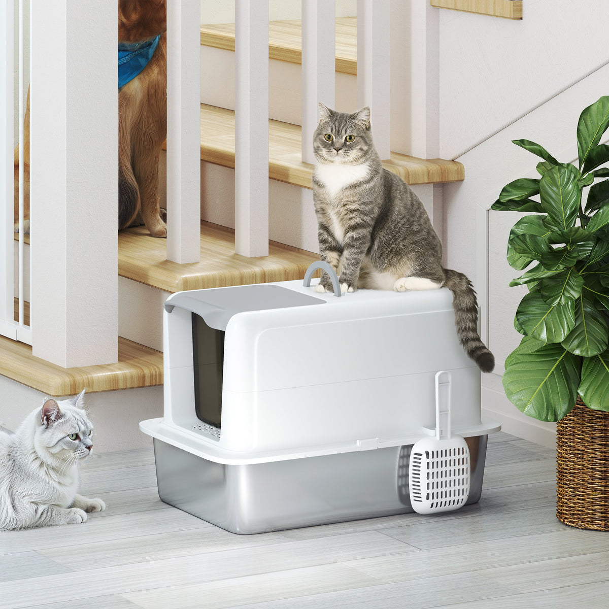 2-in-1 Stainless Steel Cat Litter Box With Removable Lid Scoop