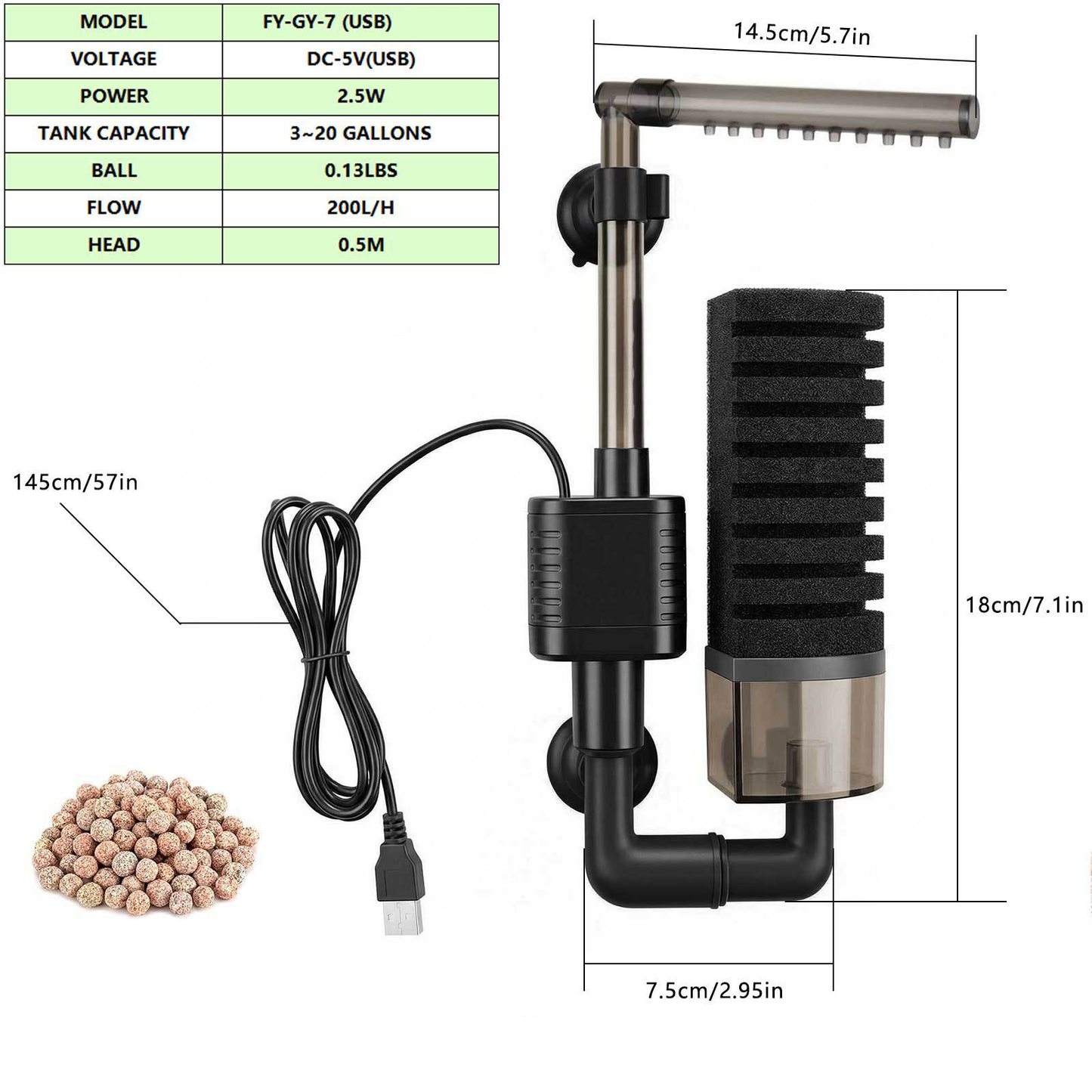 Aquarium USB Filter Sponge Fish Tank Quiet Bubble With 1 Bag Of