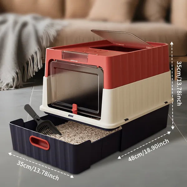 Simple Drawer Style Red Cat Litter Box Humanized Design Does Not