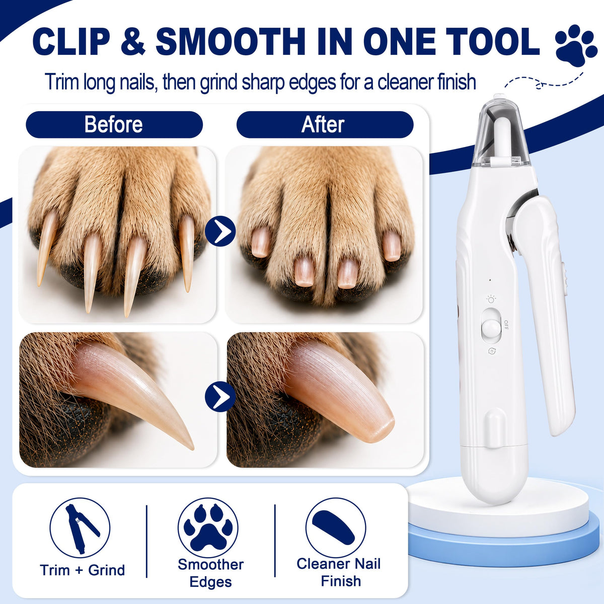 2-in-1 Dog Nail Clippers With Light Electric Pet Grinder Quiet For