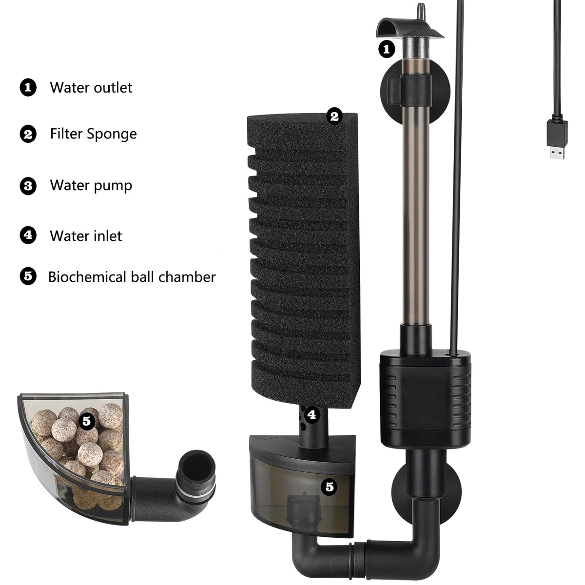Aquarium USB Filter Sponge Fish Tank Quiet Bubble With 1 Bag Of
