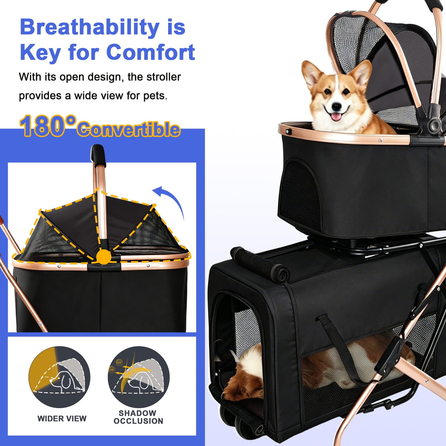 3-in-1 Double Pet Stroller For Small Medium Dogs Cats Foldable