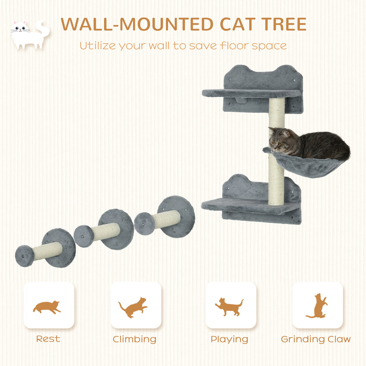 4 Piece Cat Shelf With Scratching Post Wall-mounted Tree For Indoor