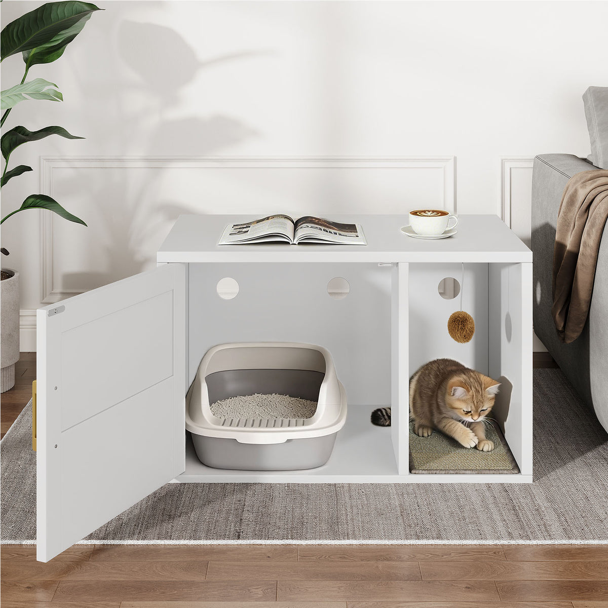 Cat Litter Box Cabinet Multifunctional White Modern House Washroom