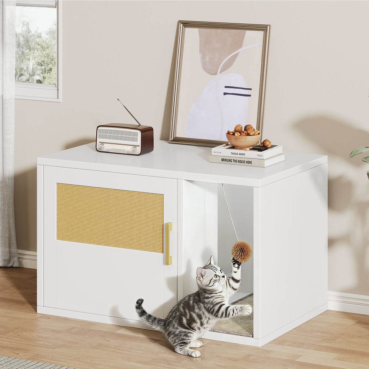 Cat Litter Box Cabinet Multifunctional White Modern House Washroom