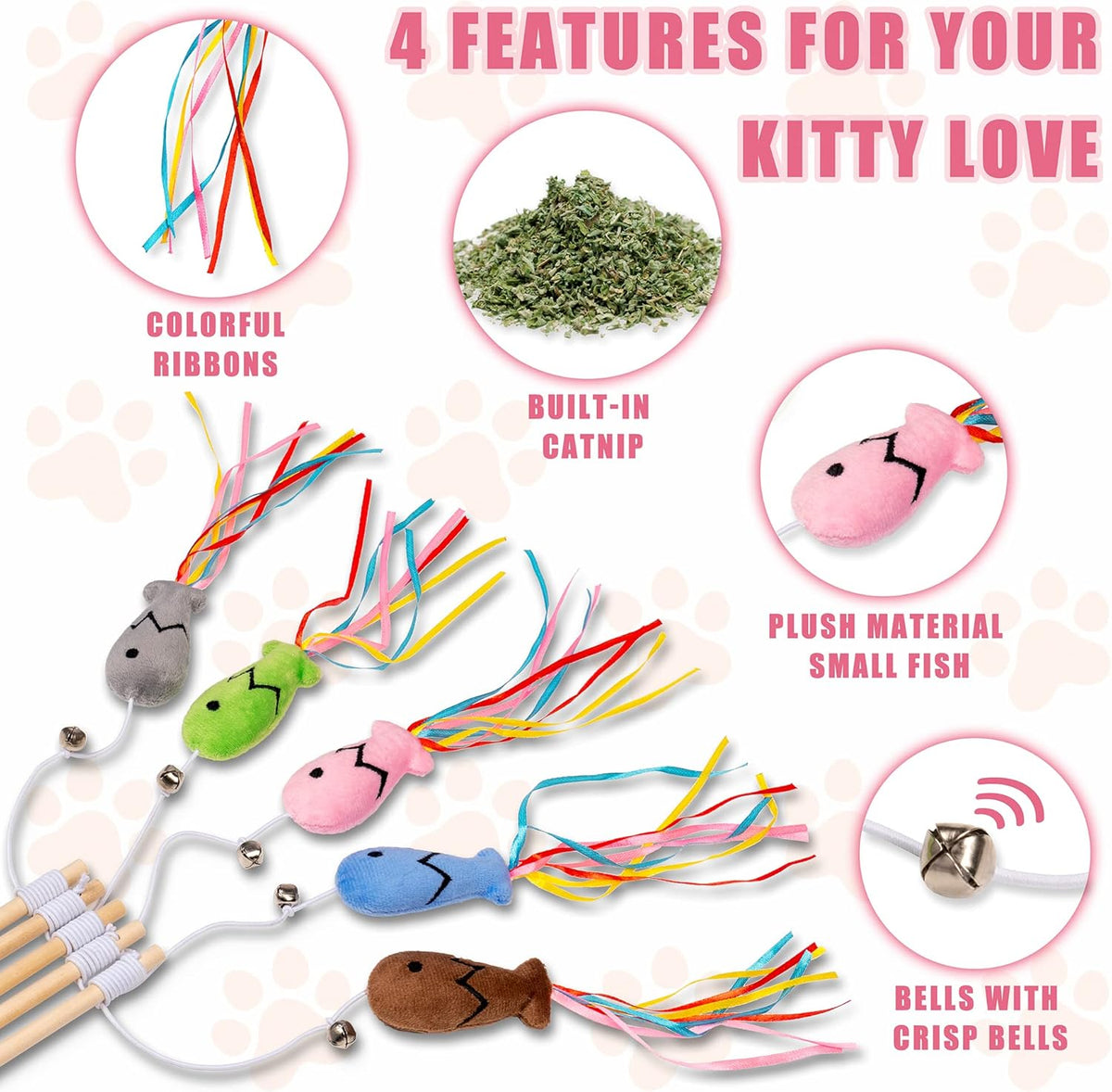 Cat Wand Toys Interactive With Catnip Fish Colorful Ribbons Bell