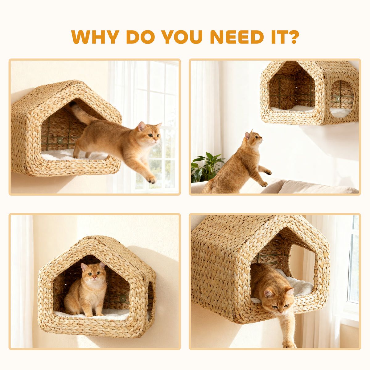 Wall Mounted Cat House Furniture Shelf With Washable Cushion Natural