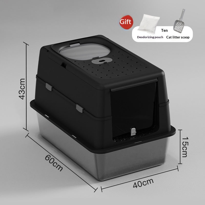 Stainless Steel Cat Litter Box With Flip Top Cover Closed Design