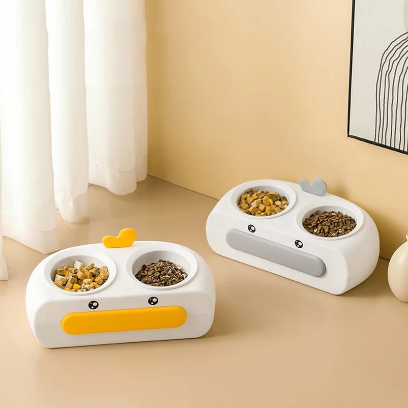 Duck Design Pet Double Bowl Plastic Kitten Dog Food Drinking Tray