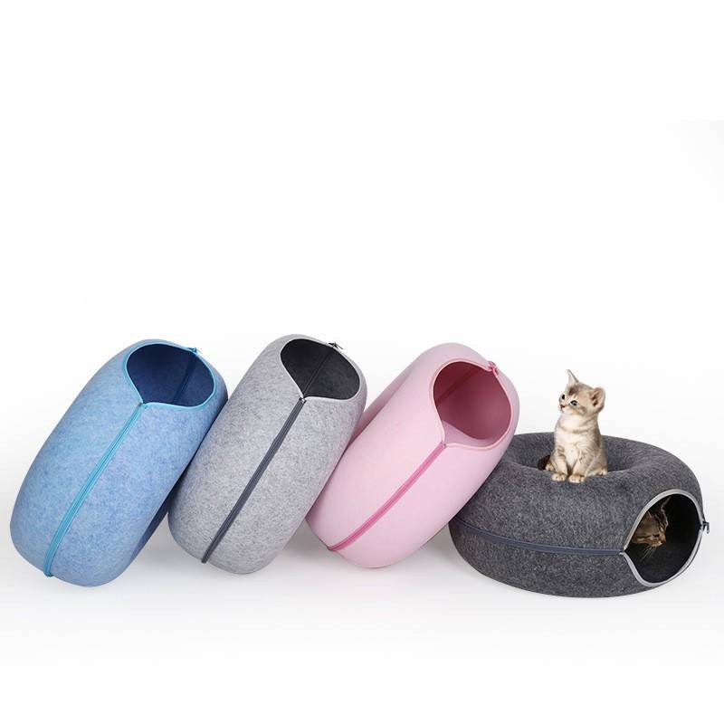 Donut Cat Tunnel Bed Pets House Natural Felt Pet Cave Interactive