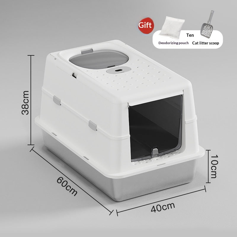 Stainless Steel Cat Litter Box With Flip Top Cover Closed Design
