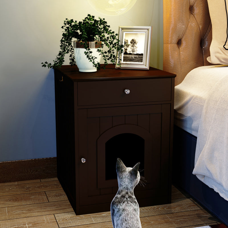 Black Wooden Cat Litter Box Enclosure W Drawer Side Table Indoor