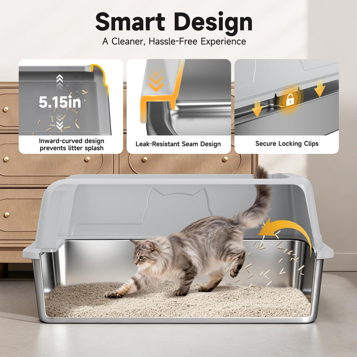 Stainless Steel Cat Litter Box For Cats High-sided Design Prevents