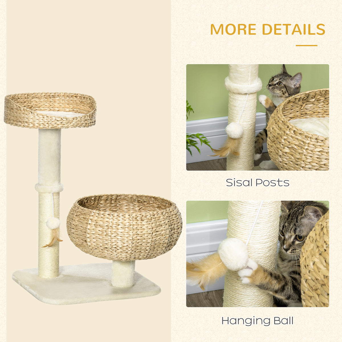72cm Cat Tree Kitten Tower With Sisal Scratching Post Two Beds Toy