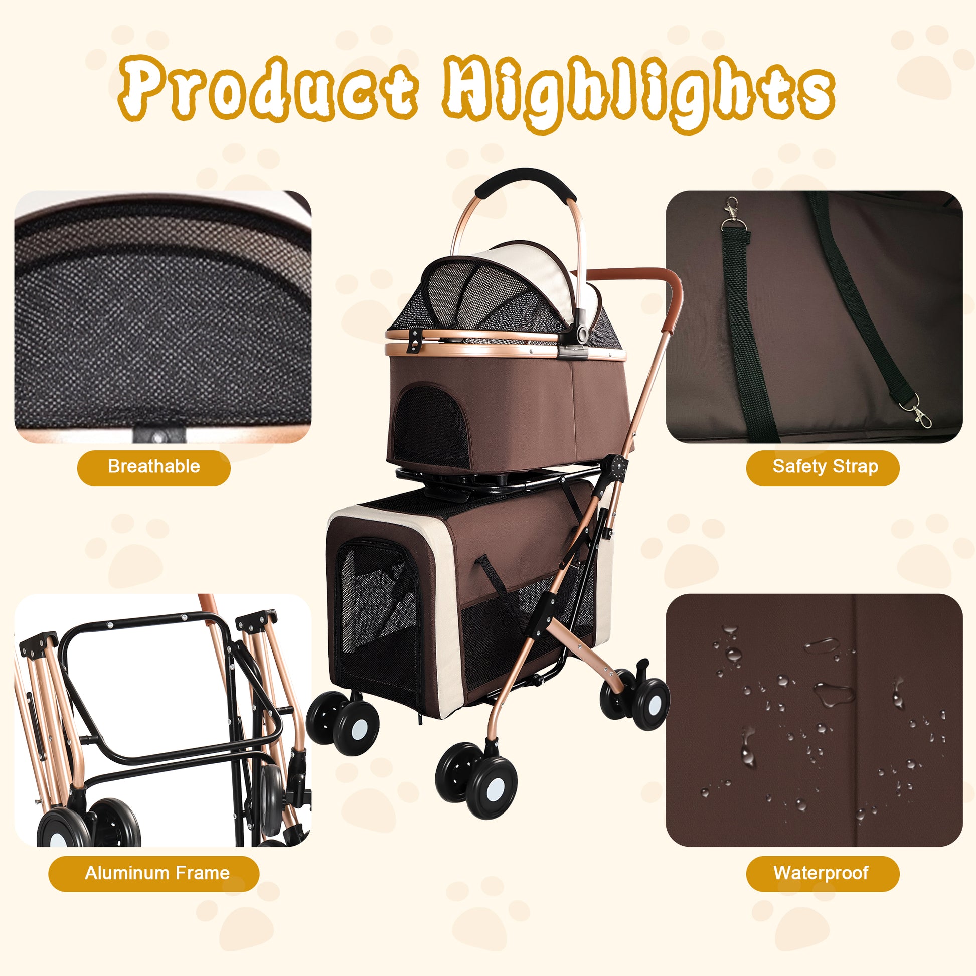 3-in-1 Double Pet Stroller For Small Medium Dogs Cats Foldable