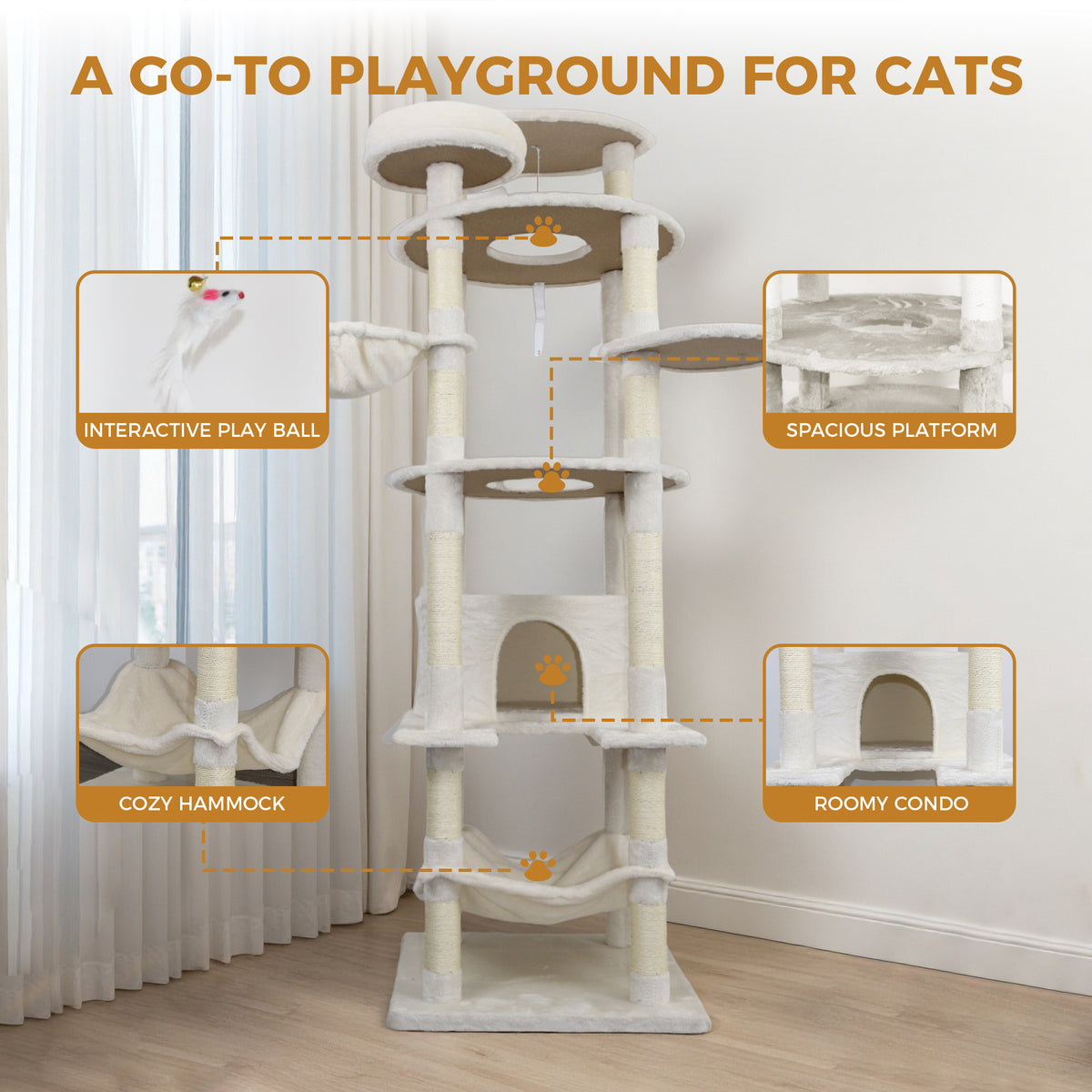 78 In Beige Cat Tree Tower With Large Condo Sisal Scratching Post